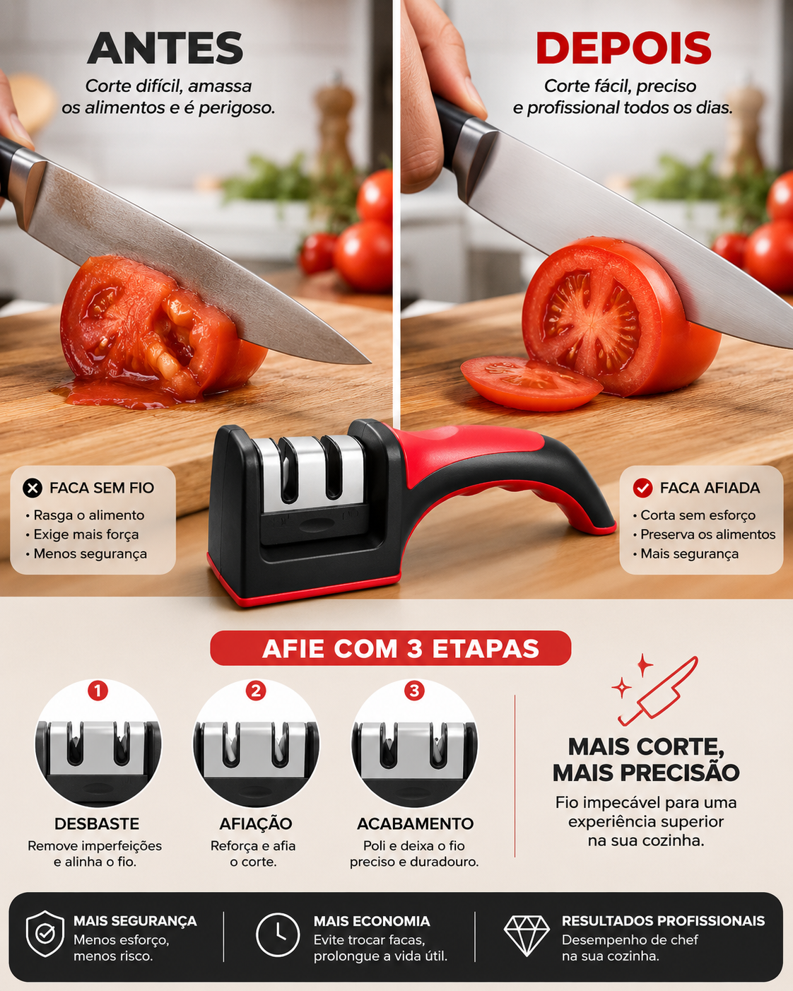 Antes e depois: faca sem fio vs faca afiada